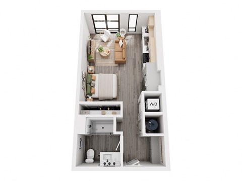 a stylized floor plan with a bedroom and a living room